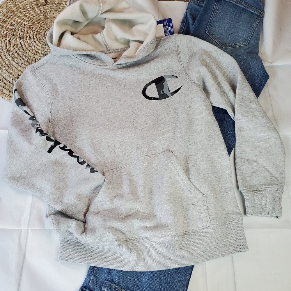 Champion Boys Gray & Camo Fleece Hoodie Sweatshirt Medium